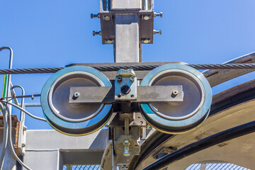 Close View of the pulley system of a cable car tower