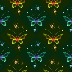 Glowing background with magic butterflies. Neon butterflies and glowing blooms. Seamless pattern.