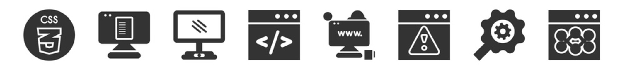 Poster - filled set of programming icons. glyph vector icons such as css, article, screen, clean code, seo and web, seo monitoring. vector illustration.