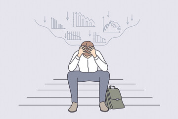 Wall Mural - Economic regression, failure in business concept. Tired or stressed businessman cartoon character sitting on ladder stairs in panic feeling depressed stock market financial background