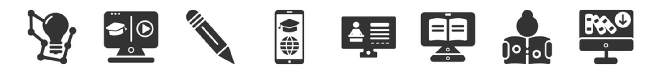 Poster - filled set of e learning and education icons. glyph vector icons such as learning, online course, pencil, online learning, computer-based training, online library. vector illustration.