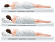 Correct and incorrect sleeping poses. Right and wrong position spine on different mattresses. Caring for health of back. 3d realistic vector illustration.