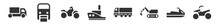 Filled Set Of Transportation Icons. Glyph Vector Icons Such As Lorry, Monorail, Motorcycle, Tugboat, Eighteen-wheeler, Quad. Vector Illustration.