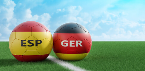 Spain vs. Germany Soccer Match - Leather balls in Spain and Germany national colors. 3D Rendering 