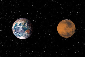 Wall Mural - mars and earth. distance between them. space for text. the elements of this image furnished by nasa.