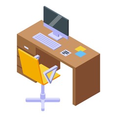 Poster - Office desk icon isometric vector. Computer workplace. Interior office computer work