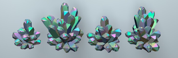 Poster - A set of crystals demonstrating the effect of light scattering and dispersion. 3D illustration.