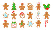 Christmas Gingerbread cookies. Classic Xmas biscuit. Noel holiday sweet dessert isolated on white background. Cute ginger bread men, tree, santa, holly, snowman and gift box. Vector illustration.