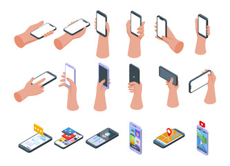 Poster - hand holding phone icons set. isometric set of hand holding phone vector icons for web design isolat