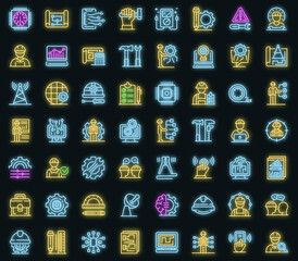 Poster - Communications engineer icons set. Outline set of communications engineer vector icons neon color on black