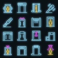 Wall Mural - Metal detector icons set. Outline set of metal detector vector icons neon color on black