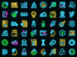 Poster - Nanotechnology icons set. Outline set of nanotechnology vector icons neon color on black