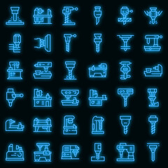 Poster - Milling machine icons set. Outline set of milling machine vector icons neon color on black