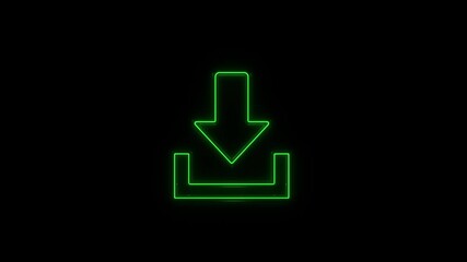 Poster - Glowing neon line Download icon isolated on black background.