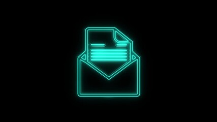 Poster - Glowing neon line Email Icon. Open envelope with letter isolated on black background. 4K