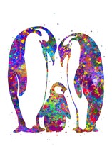 Penguin Family Animal Watercolor, Abstract Painting. Watercolor Illustration Rainbow, Colorful, Decoration Wall Art.