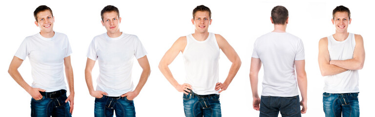 Set of men in white shortsleeved T Shirt and singlet isolated on white background for your design