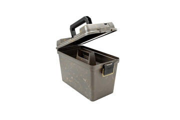 Plastic box with a handle and additional compartments for various small items. Tool box for fishing or hunting accessories. Isolate on a white back