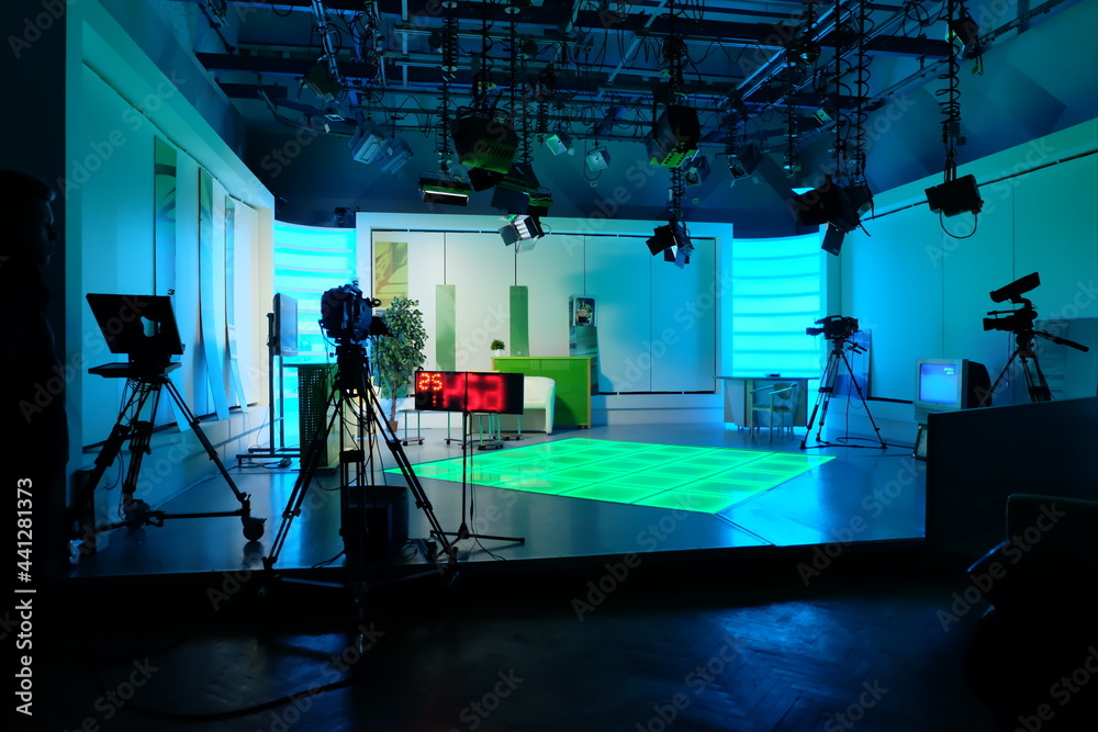 equipment of a television studio in blue lights - obrazy, fototapety, plakaty 