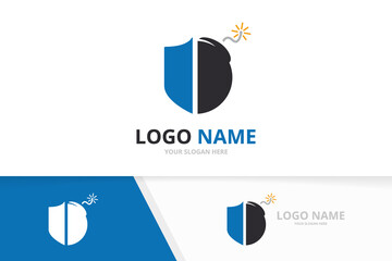 Poster - Vector shield and bomb logo combination. Security and detonate logotype design template.