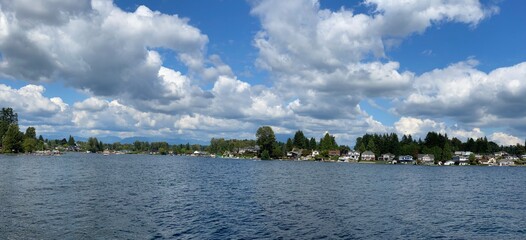 Lake Stevens, Washington state on a sunny summer day with some clouds in a blue sky.