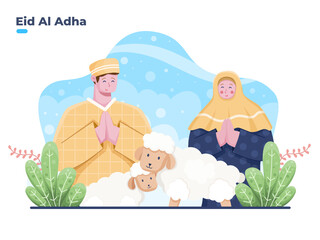 Wall Mural - Muslim person couple greeting happy Eid Al Adha vector flat illustration. Eid Al Adha Islamic Sacrifice tradition.  can be used for greeting card, postcard, invitation, banner, web.