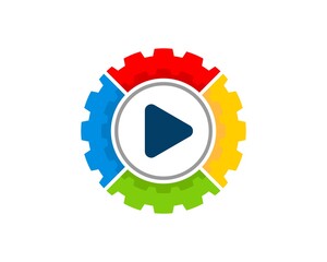 Sticker - Mechanical gear with rainbow colors and media play button inside