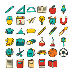 Wall Mural - Back to school icon set filled outline style. Education hand drawn objects and symbols.