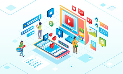 social media network for digital advertising, people are interacting online on social media isometric illustration