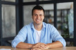 © kucherav - Head shot portrait guy makes video call looks at camera and smiling,  online meeting