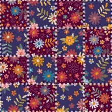 Seamless Quilt Design From Stitched Square Snippets With Floral Embroidery. Patchwork Pattern.