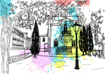 Wall Mural - Cute city courtyard in hand drawn line style. Old European street. Kiev. Ukraine. Vector illustration. Urban sketch on colourful blobs background. Modern postcard style.