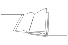 Continuous One Line Drawing Opened Book With Pages. Knowledge Library Concept And Back To School Theme. Vector Illustration