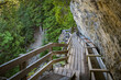 Wooden walking trail on cliff following historic irrigation channel Bisse du Ro in canton of Valais