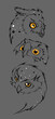 Three Vector Owl Heads set with white and orange spots sketch line art illustration isolated on grey. Surprised owl with wide open eyes