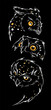 Three Vector Owl Heads set with white and orange spots sketch line art illustration isolated on black. Surprised owl with wide open eyes