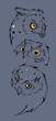 Three Vector Owl Heads set with white spots sketch line art illustration isolated on blue. Surprised owl with wide open eyes