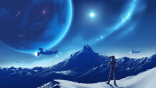A Lady Standing On The Peak Looking At Vast Mountain Scenery Viewable Of Habitable Planet In The Sky, On An Unknown Planet.