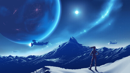 Wall Mural - a lady standing on the peak looking at vast mountain scenery viewable of habitable planet in the sky, on an unknown planet.