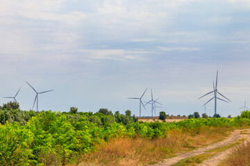 Wall Mural - Wind turbines in a field. Renewable energy