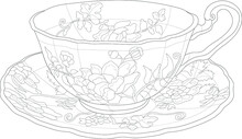 Realistic Tea Mug With Vintage Retro Flower Decor Sketch Template. Cartoon Vector Illustration In Chinese Style In Black And White For Games, Background, Pattern, Decor. Coloring Paper, Page, Book