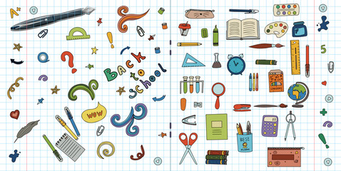 Fototapete - Back to school. Big vector doodle set. Stationery for school, university and office. Hand-drawn school supplies. A set of colored flat icons. Cartoon illustrations for elementary school.