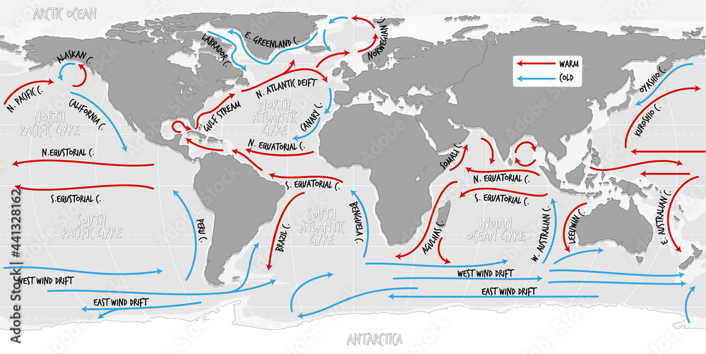 The ocean current world map with names Stock Vector | Adobe Stock