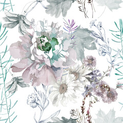  Watercolor peoniey and wildflowers on white background seamless pattern for all prints.