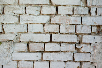 Poster - Abstract old white brick wall. background facade brick wall black and white. Vintage old brick wall texture. Grunge stone wall horizontal background. Dilapidated building facade with damaged plaster.