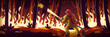 Fireman fight with fire in forest, man extinguish burning wildfire at night wood with raging flames. Wild nature catastrophe, disaster, blazing trees landscape. Ecological hazard Cartoon vector scene