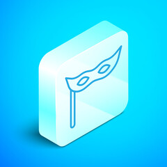 Poster - Isometric line Festive mask icon isolated on blue background. Merry Christmas and Happy New Year. Silver square button. Vector