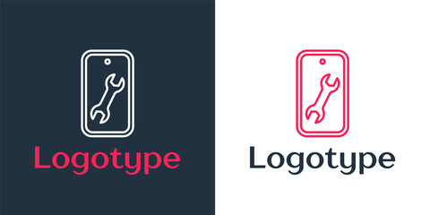 Poster - Logotype line Mobile phone with wrench icon isolated on white background. Adjusting, service, setting, maintenance, repair. Logo design template element. Vector