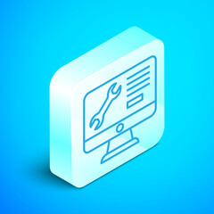 Poster - isometric line computer monitor with wrench icon isolated on blue background. adjusting, service, se