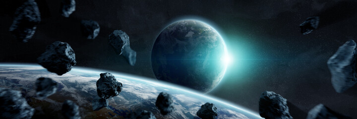 Leinwandbilder - Panoramic space planets background. Panorama of distant solar system with exoplanets 3D rendering elements of this image furnished by NASA